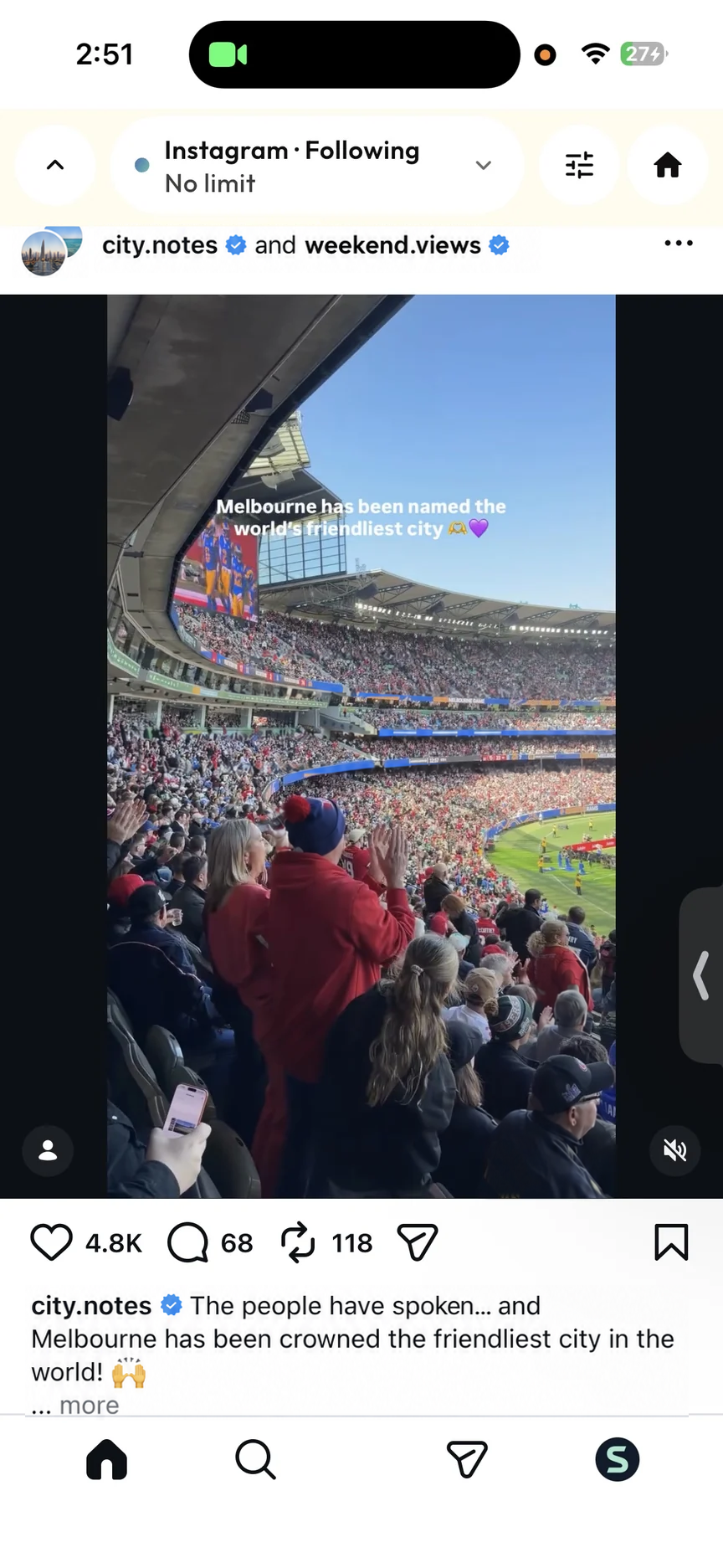Instagram Following inside Still Social. Home, Search, Messages and Profile remain; the Reels shortcut is absent.